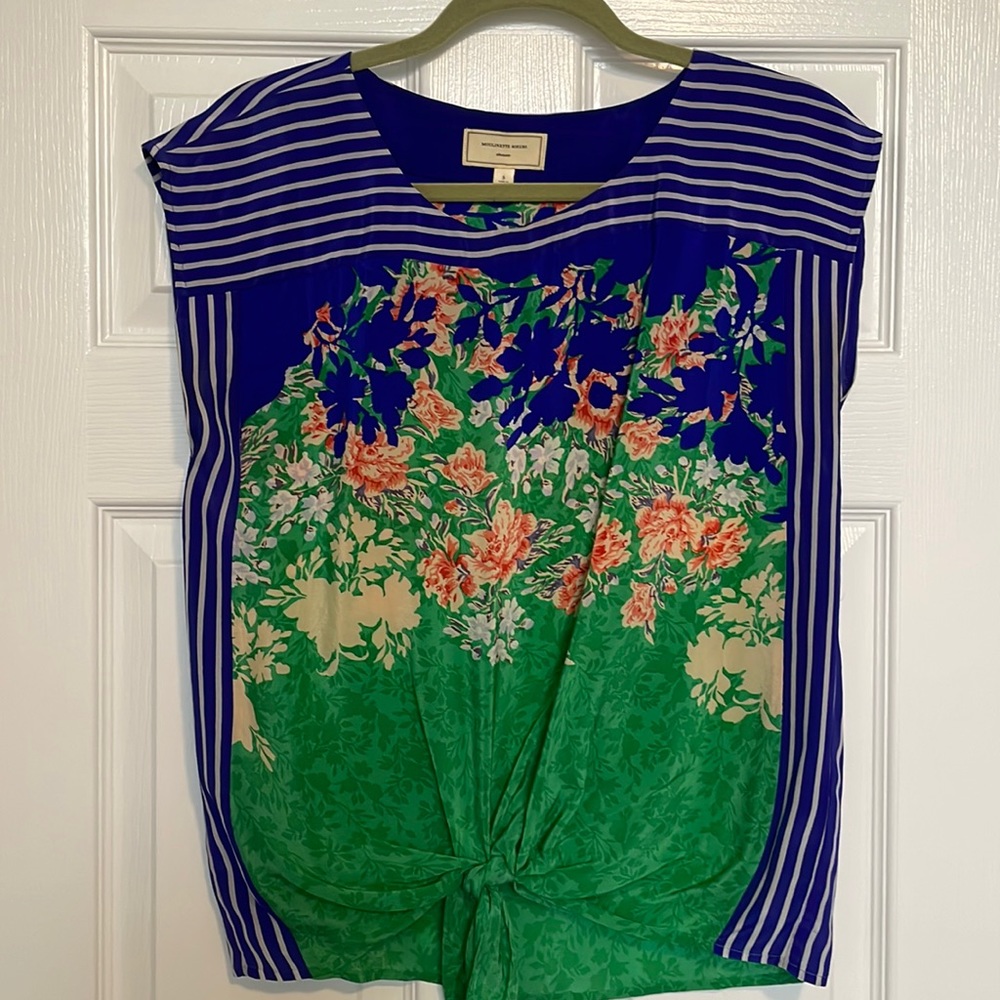 Tie-front, floral print, silk shirt